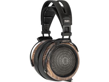 Cuffie hi-fi Sendy Audio Peacock nere, padiglioni marroni venati, griglie traforate a rosetta e archetto nero