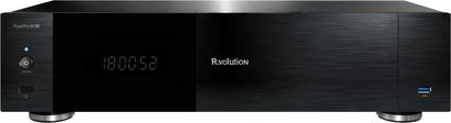 R_volution Play Pro 8K TV must harjatud metallist meediamängija, eestvaade keskel asuva ekraani ja USB-pordiga