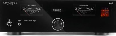 Amplificatore stereo Advance Paris A8 APEX nero, pannello frontale in vetro, VU meter L/R, display PHONO, grande manopola del volume, finestra con valvole