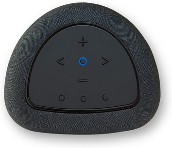 Juoda išmani „BlueSound PULSE FLEX“ kolonėlė, vaizdas iš viršaus, tinklelio audinys ir lietimui jautrus skydelis, apvali trikampė forma