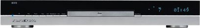 Harman Kardon HD 970 silver CD player, front view, blue digital display, buttons and CD tray
