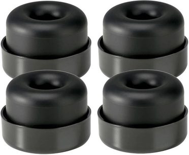 4 sorte cylindriske vibrationsdæmpere stablet oven på hinanden, lavet af gummi eller polymer, med en cirkulær hulning i midten