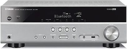 Yamaha RX-V381 titan hjemmekino-forsterker, frontpanel med knapper, rattbrytere, display, hodetelefonutgang og USB-port, forfra