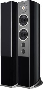 AudioVector R6 gulvhøjttaler i sort højglans, set i trekvart vinkel, slankt kabinet med buede sider og matgrå front med cirkulær bånddiskant, to synlige mellem-/basenheder, to runde basrefleksporte og en udvidet sokkel