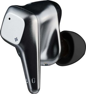 Hifiman Svanar Wireless hõbedane juhtmevaba kõrvasisene kõrvaklapp, sileda metallist korpuse, voolujoonelise varre, musta silikoonotsiku ja esiküljel asuva mikrofoniavaga, vaade kolmest veerandist