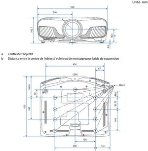 Epson EH-TW9400W videoprojektor, front- og sidevisninger med dimensioner, sort-hvid teknisk diagram
