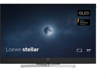 Téléviseur Loewe Stellar 77 DR+ noir vue de face avec écran plat OLED bord fin et pied central argenté