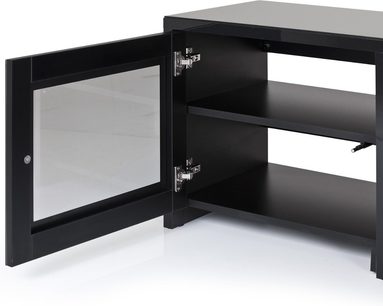Sonorous LBA1620 sort TV-møbel med 2 glaslåger, 2 hylder og sort træstruktur, set forfra i vinkel