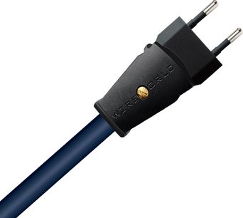 Strømkabel med blå kappe, sort stik med 2 metalben, cirkulært gyldent logo på stikket