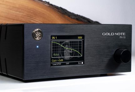 Gold Note PH-10 phono-voorversterker zwart geborsteld aluminium met kleurenscherm en volumeknop aan de voorzijde