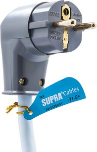 Cavo di alimentazione Supra LORAD 2.5 CS-16-EU con spina di rete angolata grigia con pin dorati ed etichetta blu Supra