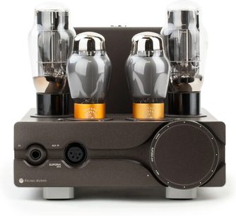Sluchátkový předzesilovač vysoké věrnosti Feliks Audio Euforia Evo černý se čtyřmi viditelnými elektronkami a velkým předním ovládacím kolečkem