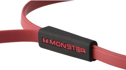 Cavo audio rosso e nero con connettore "Monster" stampato in rosso sulla parte nera del cavo