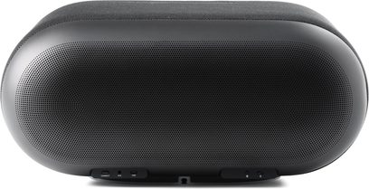 Denon Home 600 Smart-Lautsprecher in Anthrazit, Rückansicht mit großem perforiertem Gitter und sichtbaren Anschlüssen