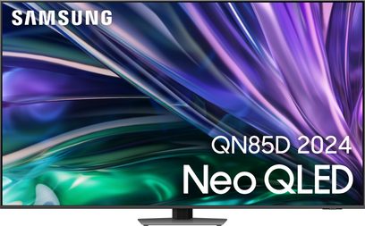 Samsung QLED-TV QN85D 2024, set forfra, tændt skærm der viser farverige abstrakte former i blå og lilla nuancer