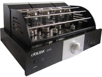 „Jolida JD505" lempučių hi-fi stiprintuvas, juodos spalvos korpusas, 8 matomos lemputės, mėlynas ekranas, sidabrinė rankenėlė