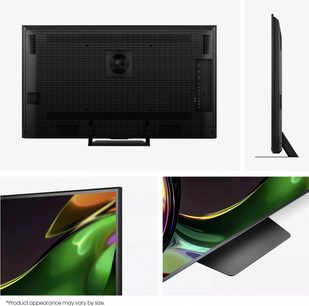 Sort Hisense 65UR8S fladskærms-tv, set bagfra, slank profil og central fod