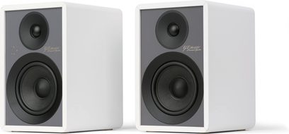 Draagbare bluetooth-luidsprekers GX-30ARC wit, vooraanzicht, rechthoekige behuizingen, grijze voorpanelen, 2 ronde luidsprekers