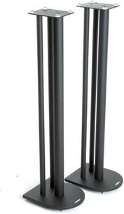 To sorte cylinderformede Atacama Audio Nexus 10i højttalere i metal, på rund base, set forfra