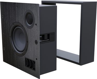 Enceinte encastrable PMC Ci30 noire, vue de face et de côté, avec haut-parleur, tweeter et port bass-reflex