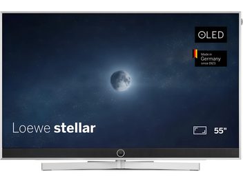 Televizorius Loewe Stellar 55 DR+ sidabrinis, vaizdas iš priekio, OLED ekranas su plonu rėmeliu ir integruota garso juosta