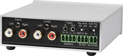 Pro-Ject Amp Box S3 CI højttalerforstærker i sort, bagsidevisning, RCA-stik, grønne terminaler, rektangulært kabinet