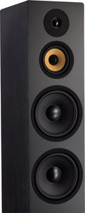 Davis Acoustics Krypton 10 Technik black floor-standing speaker, angled view, front side with 4 vertically aligned circular drivers.