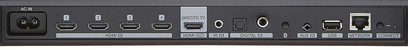 Denon HEOS BAR lydbjælke, bagside, tilslutninger omfatter HDMI-, ARC-, optisk-, koaksial-, Ethernet- og USB-porte