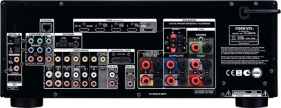 Onkyo TX-NR579 MDP sort hjemmebiografsforstærker, bagside, analog og digital lyd/video-tilslutning, FM/AM-antenne