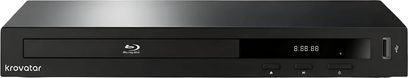Svart Krovatar KB-200D Blu-ray-spiller, sett forfra, med plateskuff, digitalt display og USB-port på fronten