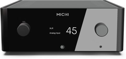 Integreret stereo hi-fi forstærker Michi X5 Series 2, set forfra, sort rektangulært kabinet, to cirkulære knapper, centralt display