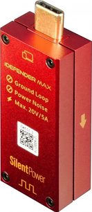 iDefender MAX strømforsyning rød, gylden USB-C stik, gul tekst, pil, sorte skruer, perspektivvisning