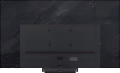 Bagside af LG OLED77C5 højopløsnings-tv i mat sort plast og metal, flad tekstureret bagside med fire VESA-monteringspunkter, vandret ventilationsgitter og trapezformet centralt fodstativ