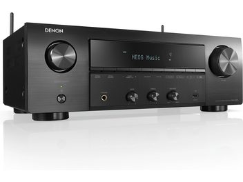 Denon DRA-800H sort hi-fi stereforstærker, børstet aluminiumsfront, blå LCD-skærm, drejeknappper, set forfra