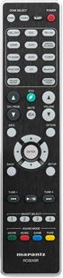 Marantz RC024SR fjernbetjening i sort med grå og røde knapper, set forfra