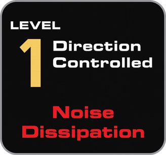 Schwarzes Piktogramm "Level 1 Direction Controlled Noise Dissipation" in weißer und gelber Schrift auf rechteckigem schwarzem Hintergrund