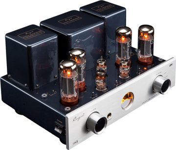 Cayin MT-35MK2 Bluetooth integruotas stereo lempinis stiprintuvas, tamsiai mėlynas metalinis korpusas su trimis transformatorių dangčiais ir septyniomis šviečiančiomis vakuuminėmis lempomis, sidabrinė šlifuoto aliuminio priekinė panelė su apvaliu oranžiniu apšviestu langu ir dviem dideliais valdymo ratukais, vaizdas iš dešinės priekinės pusės trimis ketvirčiais