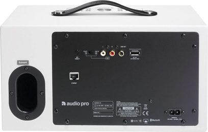 Enceinte sans fil connectée Audio Pro ADDON C10 blanc, vue de face et de côté, avec poignée, boutons et connectiques