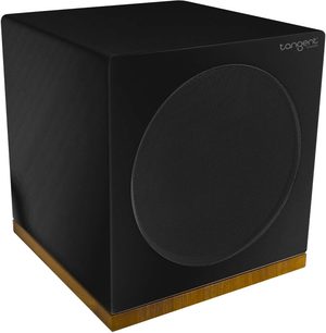 Subwoofer Tangent Spectrum XSW-8 černý, pohled zepředu, krychlový tvar, centrálně umístěný kruhový reproduktor, dřevěná základna