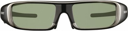 Černé aktivní 3D brýle Sony TDG-BR100B, pohled zepředu, obdélníkové zeleně tónované čočky, lesklý silný rámeček