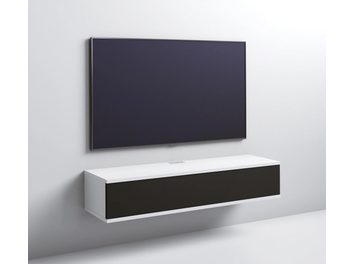 Meuble audio-vidéo mural Unnu Classic Series modèle 120S, blanc en bois, façade noire lisse, vue de trois-quarts