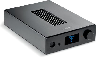 Focal Arche hovedtelefonforstærker, grå metalkabinet, sort gitter, lydstyrkeknap, blå LCD-skærm, jackstik