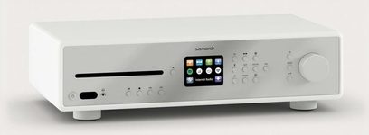Sonoro Maestro høyttalersystem i hvitt høyglans - sølv, forfra, med CD-spiller, skjerm, knapper og ratthjul