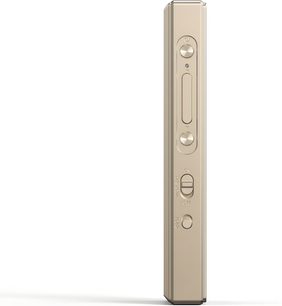 FiiO M21 titanium audiophile player in champagne titanium alloy, right side view showing a chamfered rectangular case with knurled circular buttons, elongated volume bar, and ON/OFF slide switch