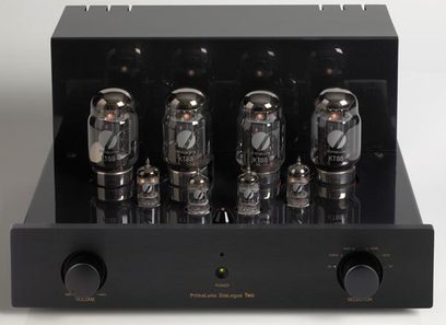 Ampli hi-fi stéréo PrimaLuna DiaLogue Two noir, vue de face, 8 lampes sur le dessus, 2 boutons et prises en façade