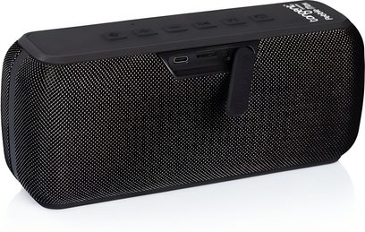 Enceinte Tangent Pebble Max noire, grille en tissu, vue arrière 3/4, boutons supérieurs, port USB‑C et fente microSD