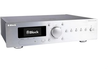 Silver Block VR-120 stereo integrated amplifier, three-quarter view, with black display and large central knob