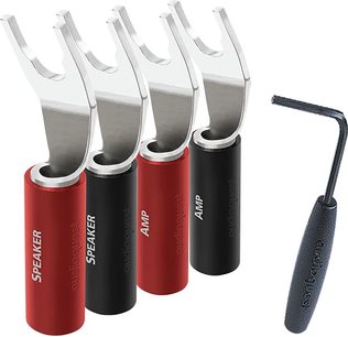 8er-Set Audioquest SureGrip 100 Bananenstecker, silberfarben, schwarz-roter Korpus, abgewinkelte silberne Gabelkontakte
