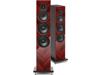 Pár sloupových reproduktorů Sonus Faber Lumina V Amator v lesklé červené barvě se čtyřmi černými měniči