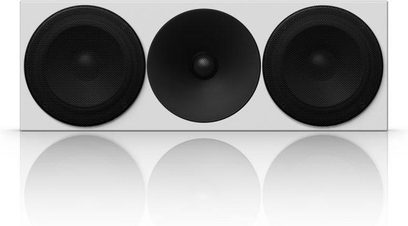 Tre diffusori centrali Amphion Helium 520C neri e bianchi, visti frontalmente, con altoparlanti visibili
